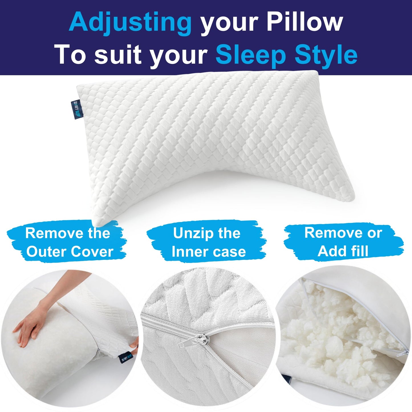 Sidney Sleep Pillow for Side and Back Sleepers - Comfort for Neck and Shoulder Pain - Adjustable and Customizable Shredded Memory Foam Filling - Queen Size - Additional Foam Fill Included (White)