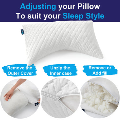 Sidney Sleep Pillow for Side and Back Sleepers - Comfort for Neck and Shoulder Pain - Adjustable and Customizable Shredded Memory Foam Filling - Queen Size - Additional Foam Fill Included (White)