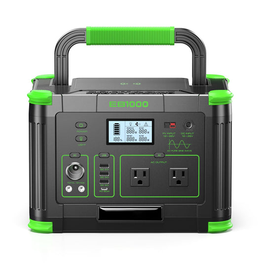 Portable Power Station 1000W (Peak 2000W), 999Wh Solar Generator with 110V Pure Sine Wave AC Outlet, 60W USB-C PD, 10 Ports for Camping RV Van Home Backup Emergency Off-Grid Living