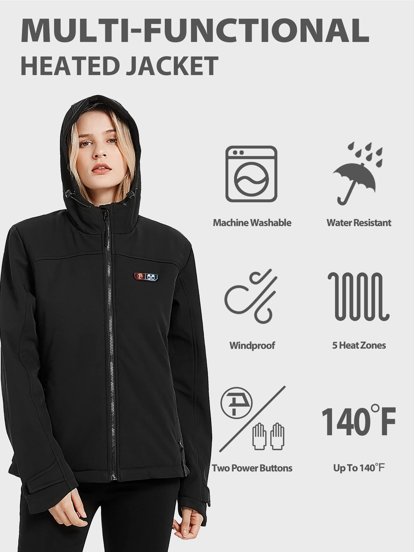 PTAHDUS Women's Heated Jackets 5 Heat Zones Battery Pack Included, with Hand Warmer Pocket(Black, Medium)