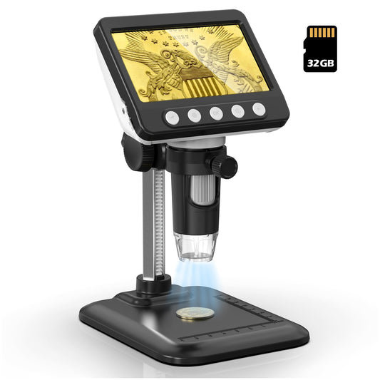 WKR Coin Microscope, 4.3" LCD USB Digital 1000X Coin Magnifier with 8 Adjustable LED Lights, 1080P PC View Compatible with Windows/MacBook for Adults Kids