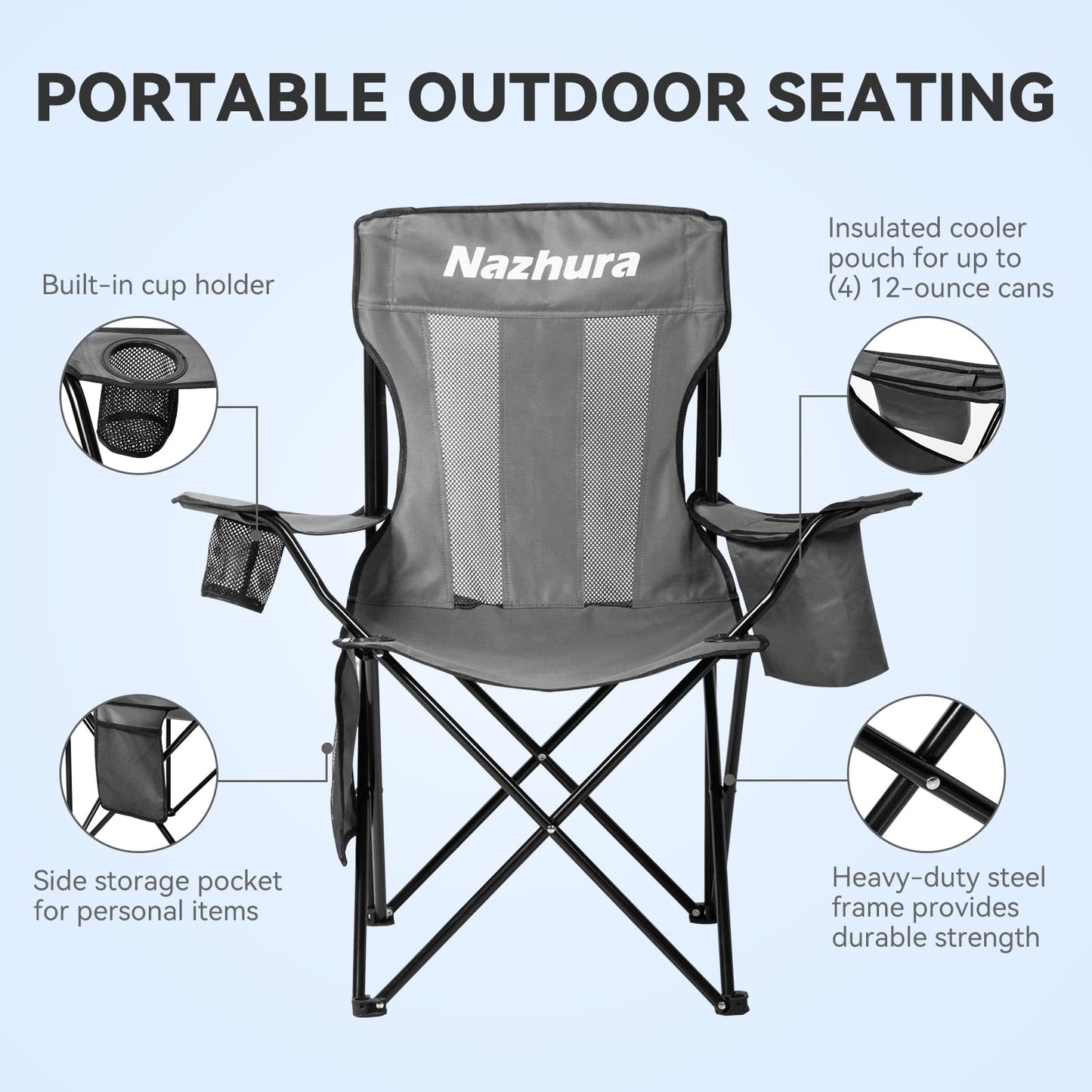 Nazhura 2 Pack Outdoor Camping Chairs Folding/Foldable/Portable with Cooler Pouch, Mesh Backrest and Cup Holder Pocket(Grey, 2 Pack)