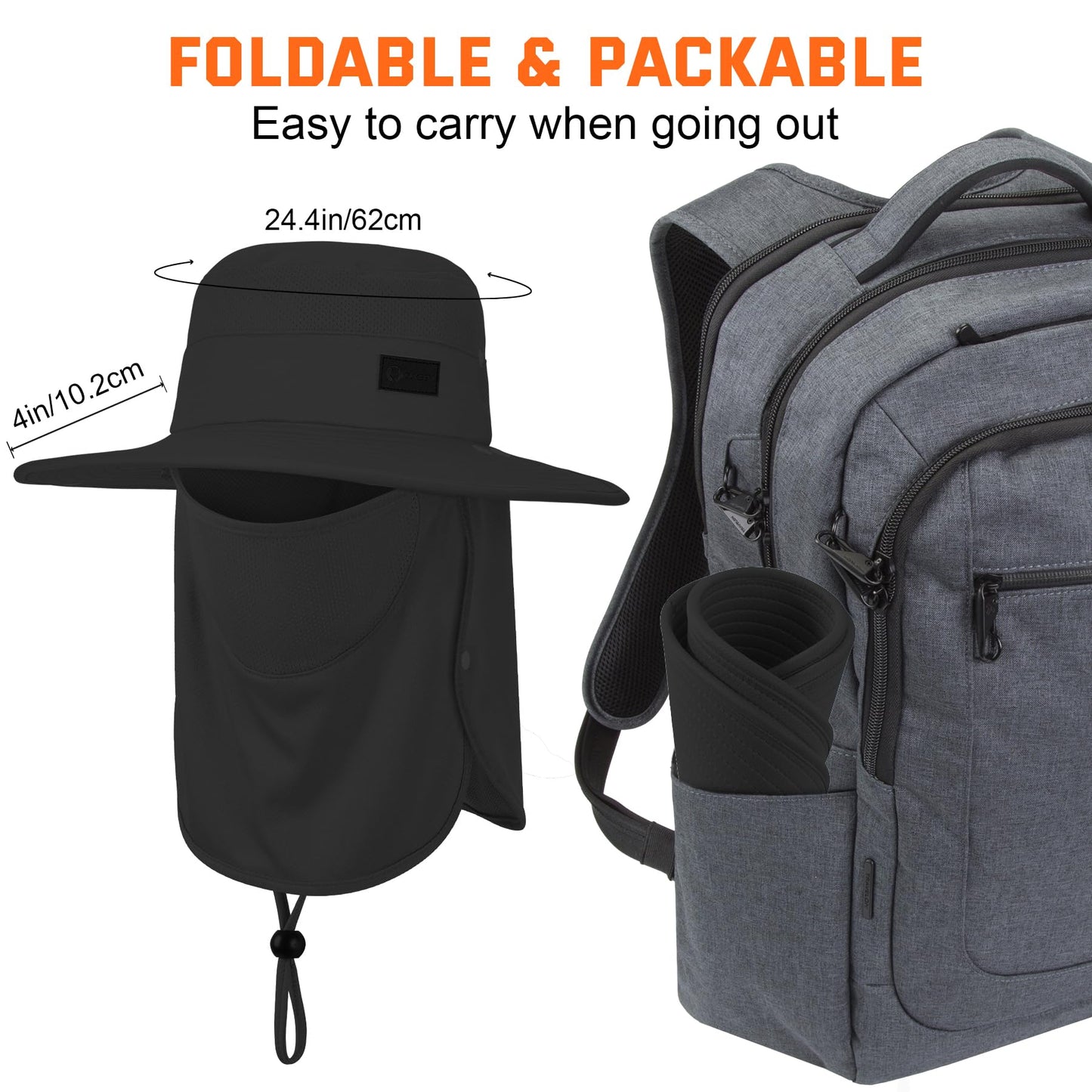 Sukeen Fishing Hat for Men Women, Wide Brim Outdoor UPF 50+ Sun Protection with Detachable Neck Flap and Face Mask (Black)