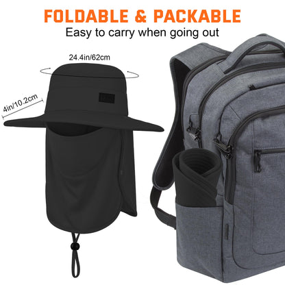 Sukeen Fishing Hat for Men Women, Wide Brim Outdoor UPF 50+ Sun Protection with Detachable Neck Flap and Face Mask (Black)