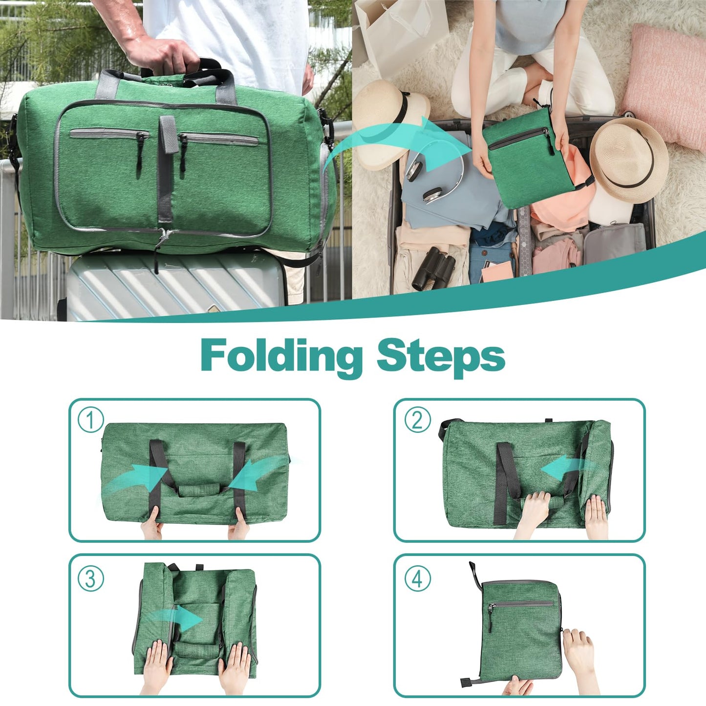 Dimayar 65L Travel Duffle Bag for Men Women - Foldable Duffel Bag with Shoes Compartment - Overnight Bags Waterproof & Tear Resistant(Forest Green)