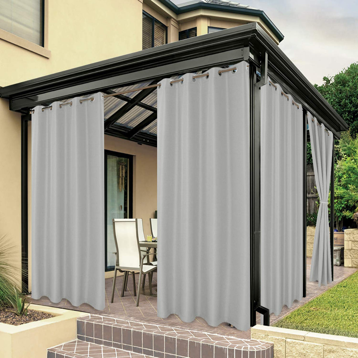 BONZER Outdoor Curtains for Patio Water Resistant Heavy Privacy Sunlight Blocking Grommet Outside Curtains for Porch, Pergola, Gazebo, 1 Panel, 54W x 120L inch, Silver