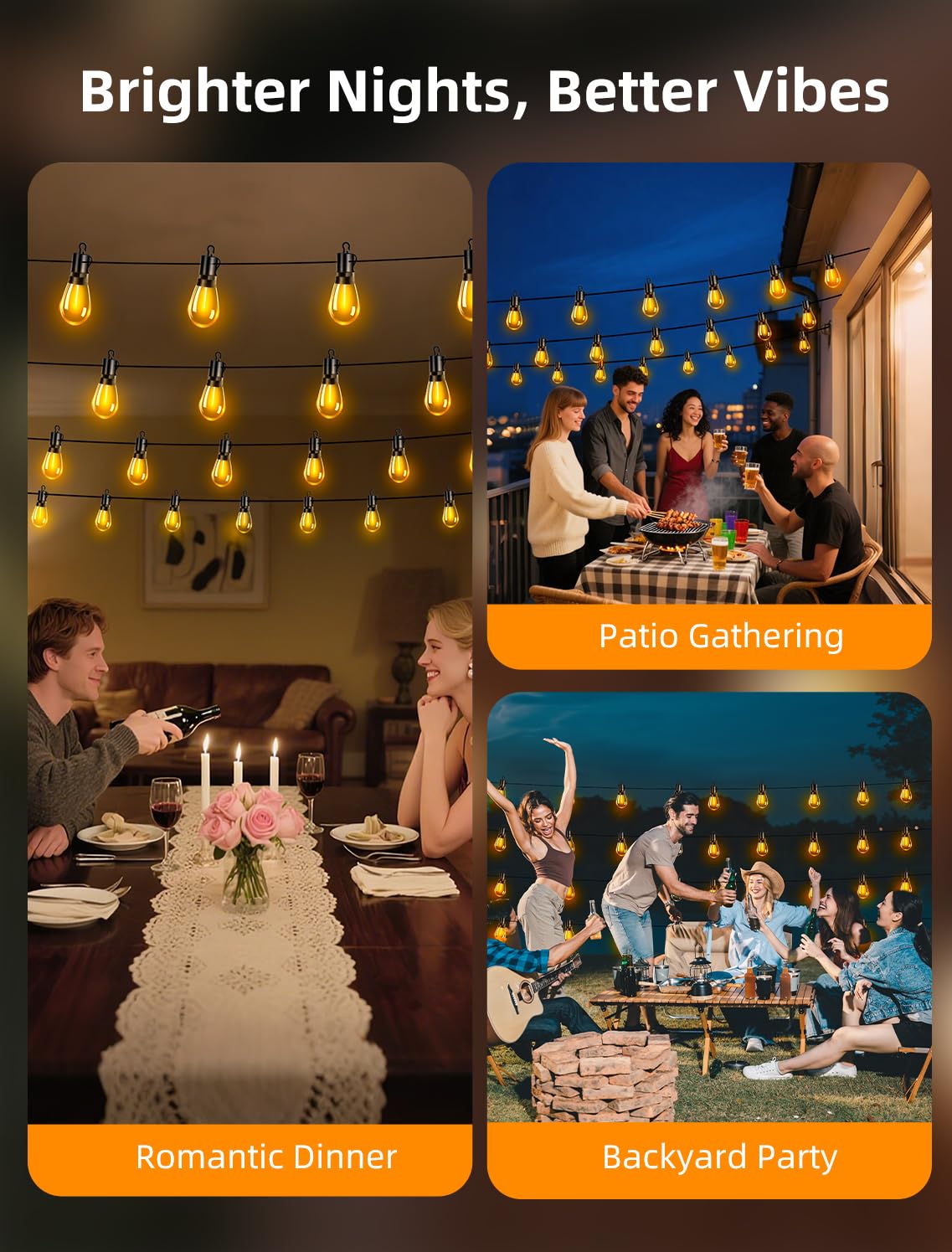 VOZUJI Outdoor Patio String Lights: S14 Shatterproof Bulb Outside Waterproof Light - 50Ft 15M Remote Dimmable Connectable Hanging Outdoor Electric Lighting - Garden Backyard Yard Gazebo Porch Party