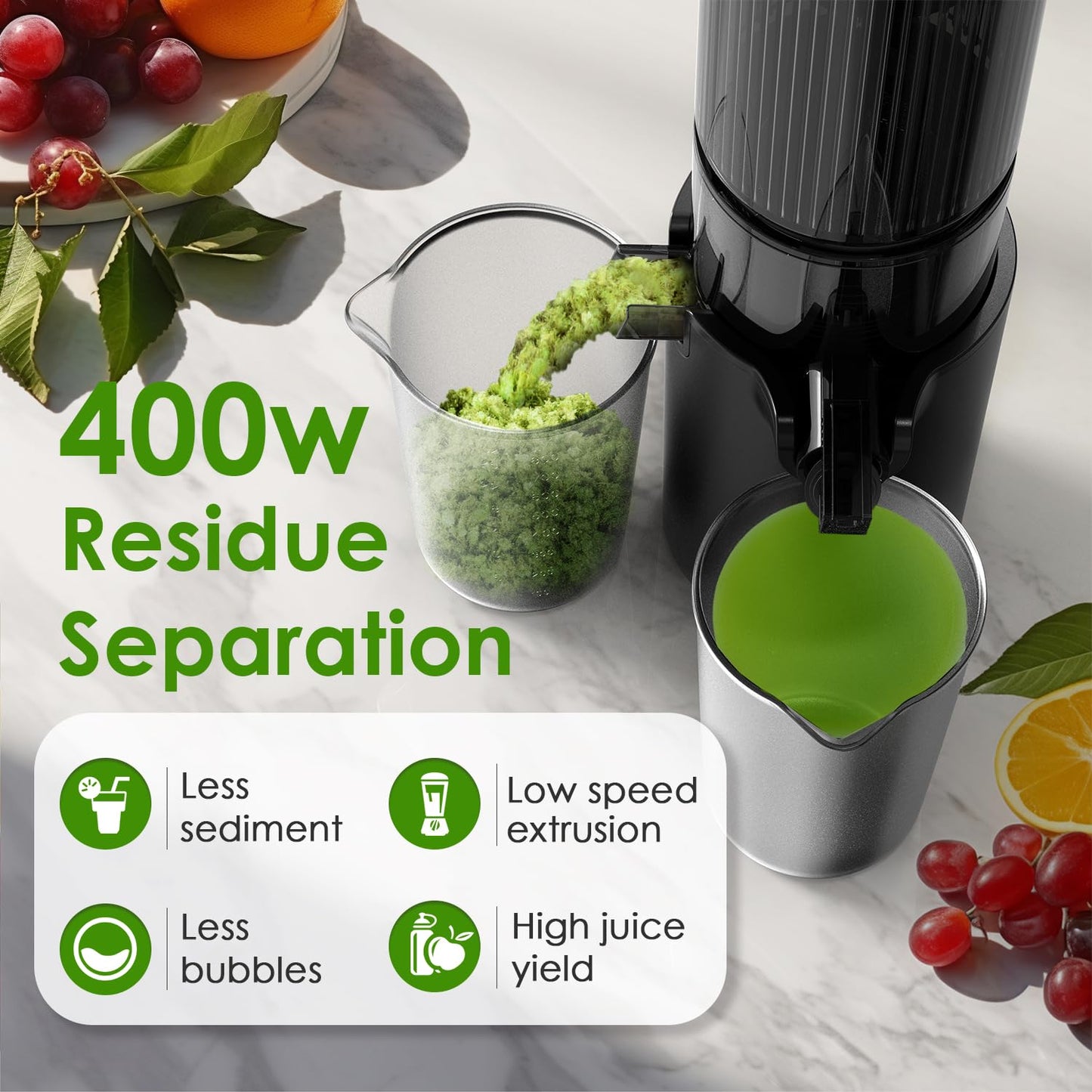 Cold Press Juicer, 5.4" Wide Feed Chute Juice Extractor Machine with 400W, High Juice Yield, Slow Masticating Juicer for Whole Vegetables & Fruits, Black