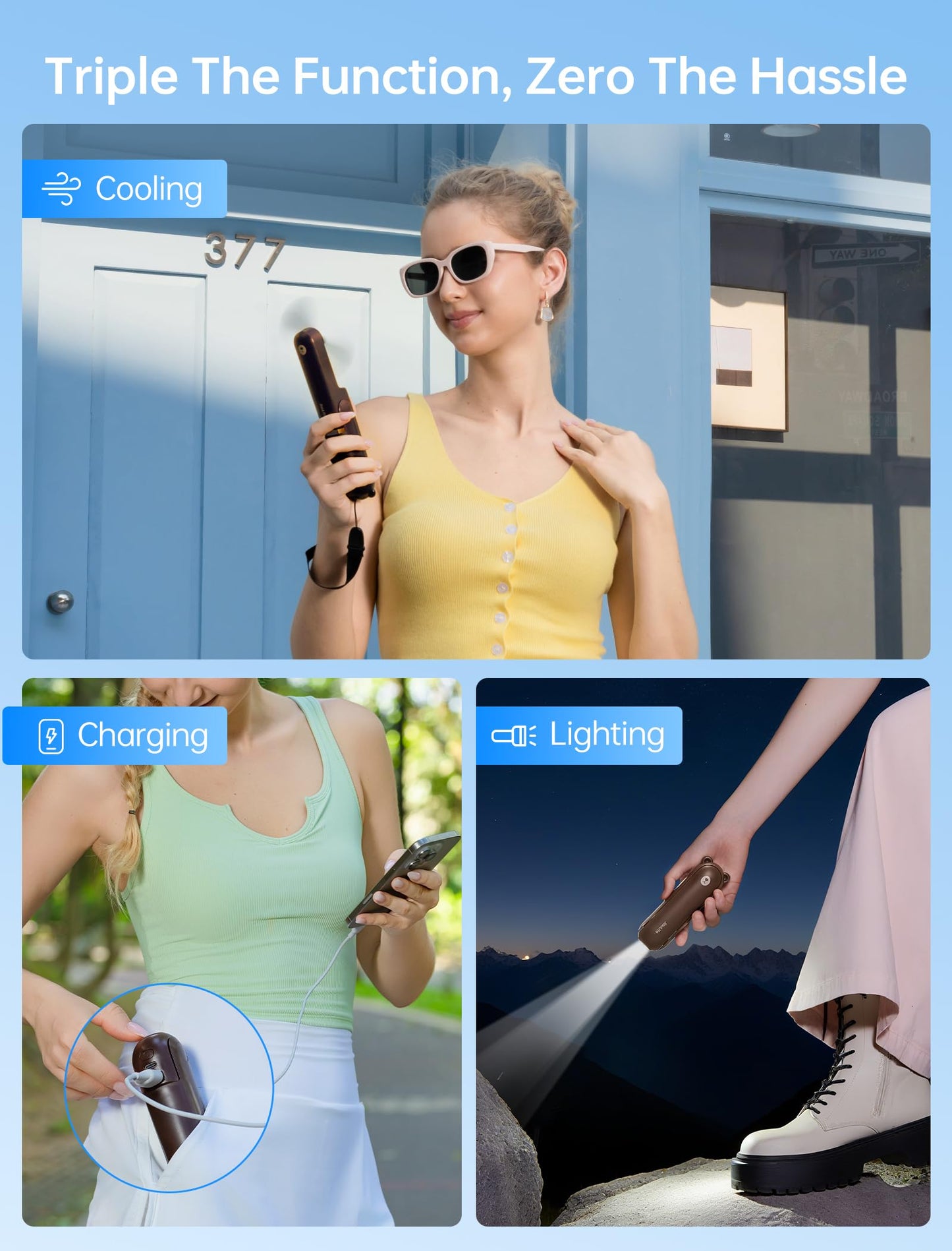 JISULIFE Handheld Mini Fan, 3 IN 1 USB Rechargeable Portable Fan [12-19 Working Hours] with Power Bank, Flashlight, Pocket Design for Travel/Summer/Concerts/Lash, Gifts for Women (Brown)