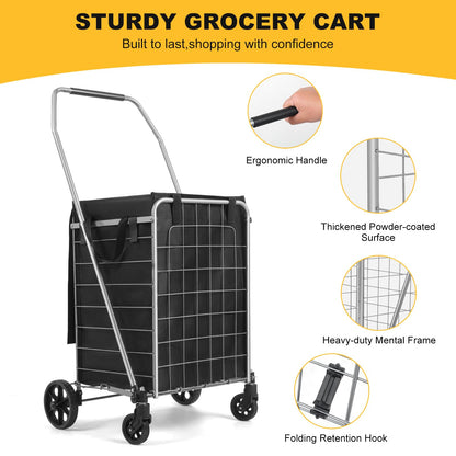 Shopping Cart with 360° Rolling Swivel Wheels, Portable Utility Cart for Grocery, Folding Shopping Cart with Waterproof Basket Liner, Collapsible Cart 120lbs, Sliver