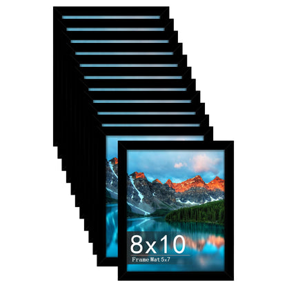 Picrit 8x10 Picture Frame Set of 12, Display 5x7 with Mat or 8x10 Without Mat, Photo Frames for Wall Mounting or Table Top Display, Black.