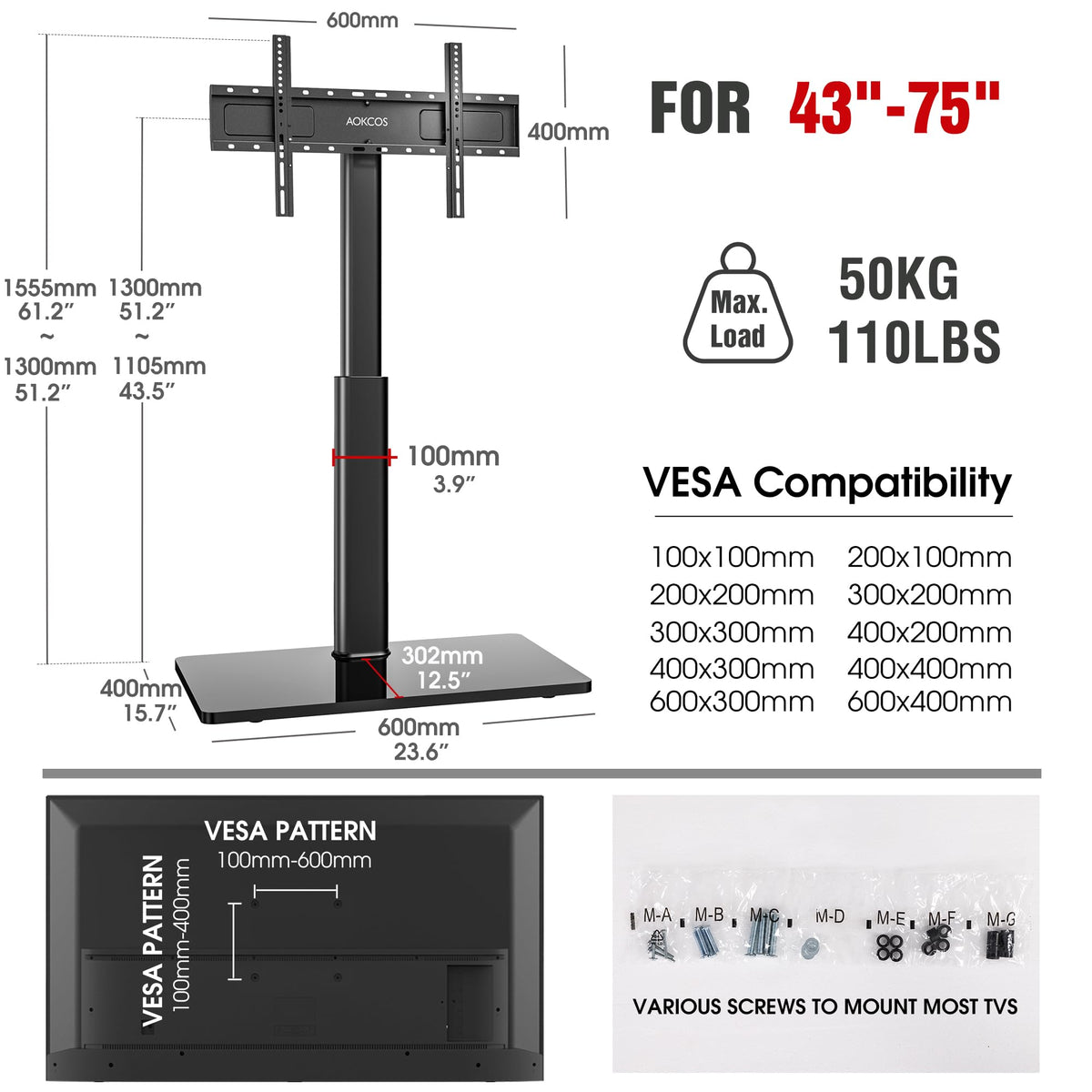 AOKCOS Swivel TV Floor Stand for 43-75 Inches TVs, 8 Level Height Adjustable Corner Extra Tall TV Stand Mount for Living Room/Bedroom, Holds up to 110 lbs,MAX VESA 600x400mm,Black