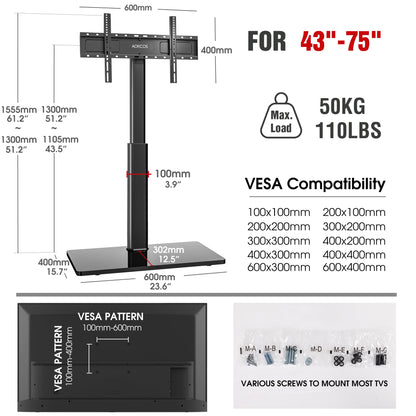 AOKCOS Swivel TV Floor Stand for 43-75 Inches TVs, 8 Level Height Adjustable Corner Extra Tall TV Stand Mount for Living Room/Bedroom, Holds up to 110 lbs,MAX VESA 600x400mm,Black