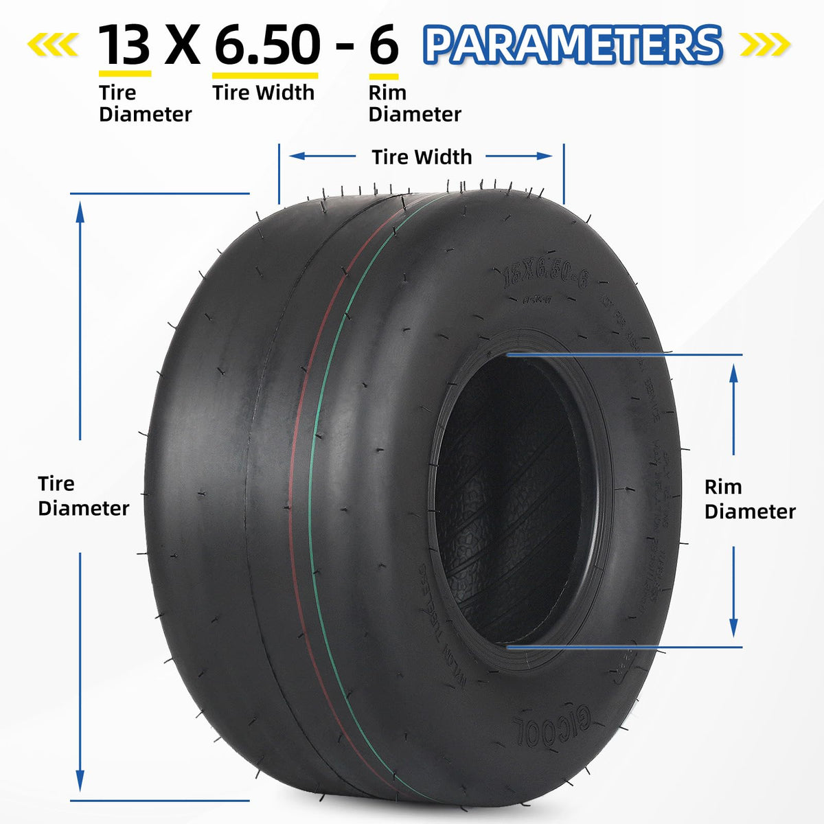 GICOOL (2 Pack) 13x6.50-6 Tubeless Lawn Mower Tire, 13x6.5-6 Riding Zero Turn Lawnmower Smooth Turf Tyre, 4 Ply