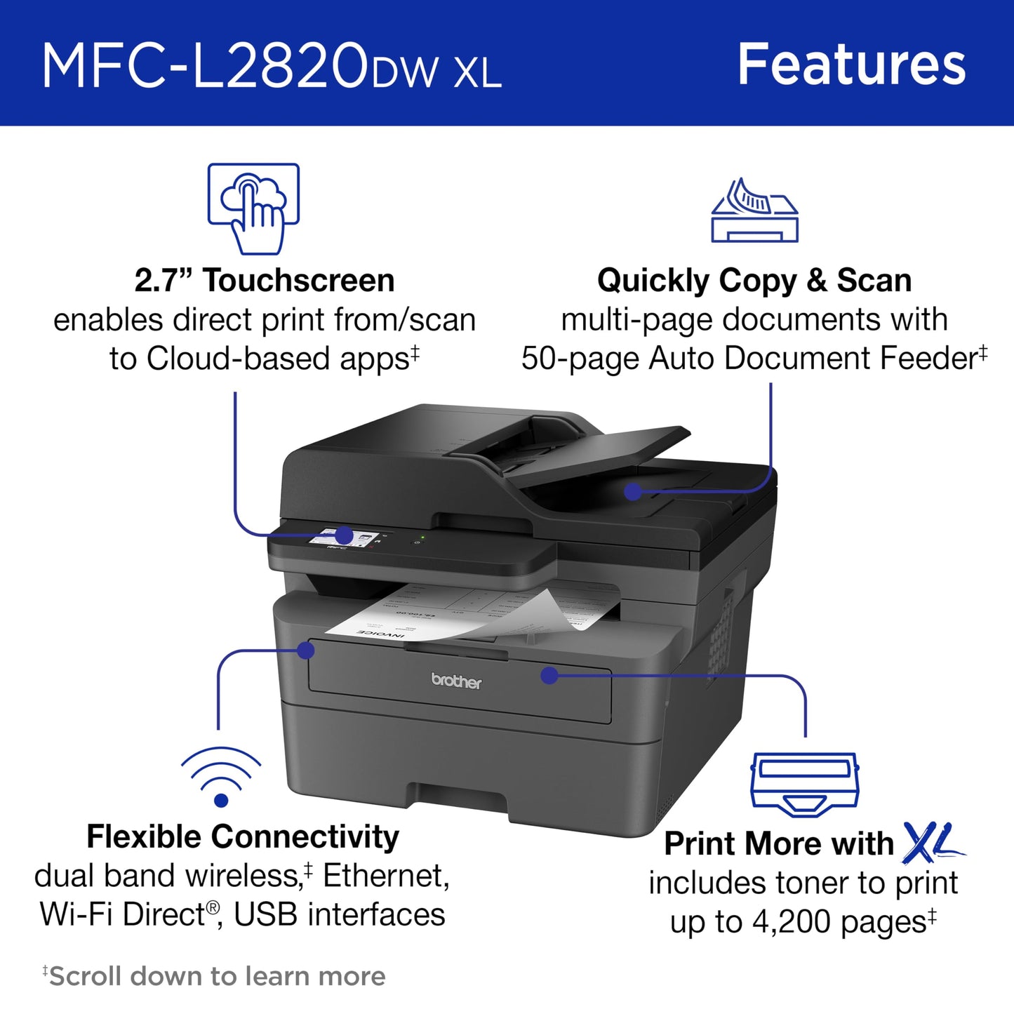 Brother MFC-L2820DW XL Wireless Compact Monochrome All-in-One Laser Printer with Copy, Scan and Fax, Duplex, Black & White | Up to 4,200 Pages of Toner Included(1), Amazon Dash Replenishment Ready