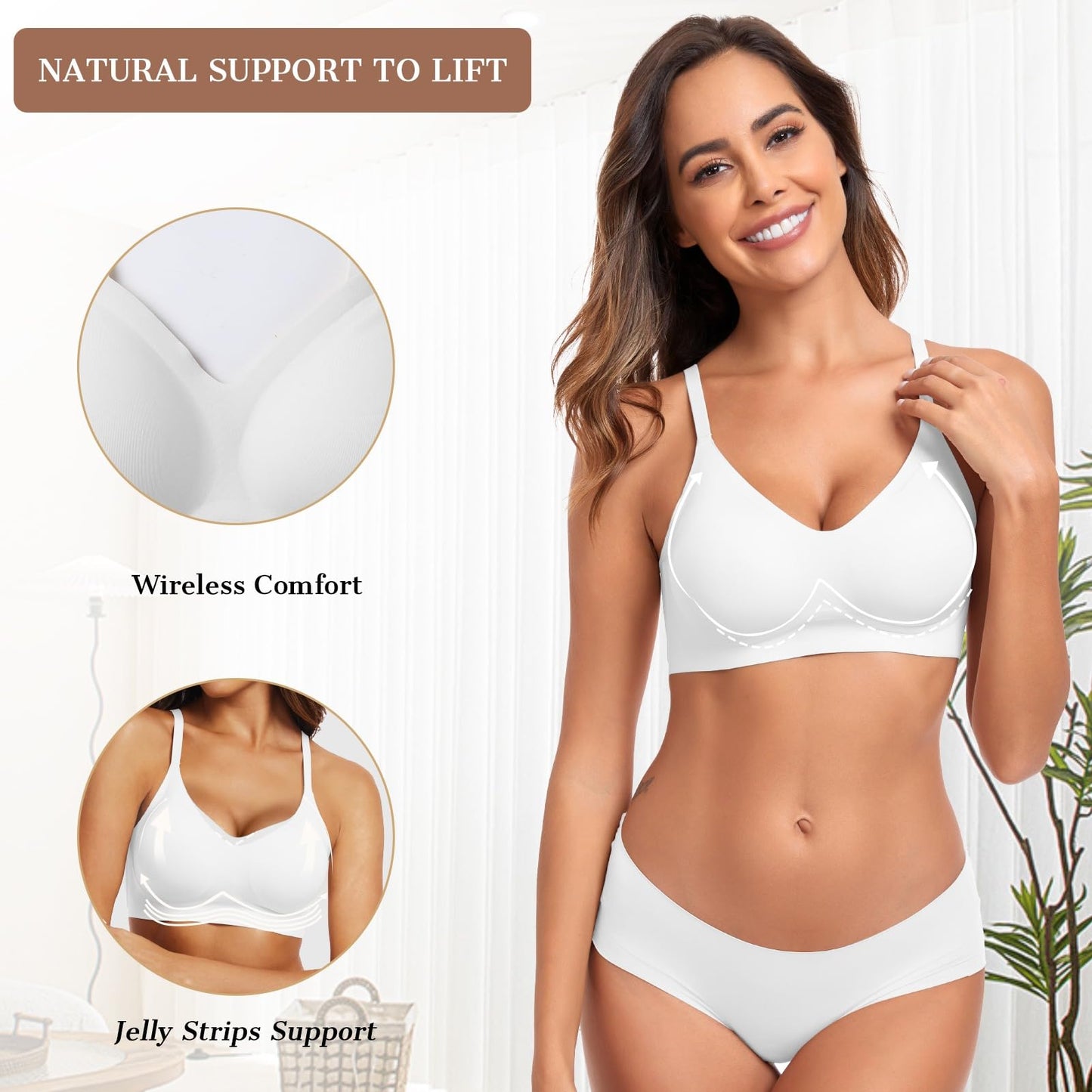 OEAK Womens Seamless Bra Push Up V Neck Bralettes Adjustable Wireless Padded Comfort Bras Adjustable Basic Everyday Bras White L