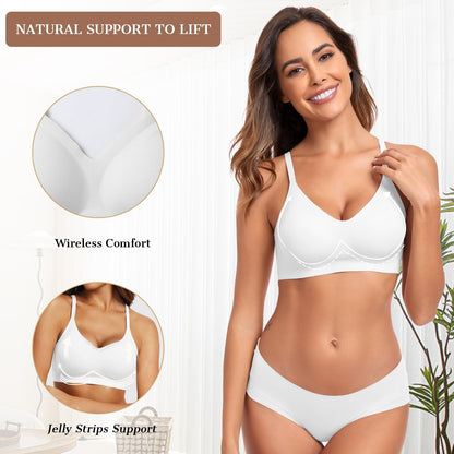 OEAK Womens Seamless Bra Push Up V Neck Bralettes Adjustable Wireless Padded Comfort Bras Adjustable Basic Everyday Bras White L
