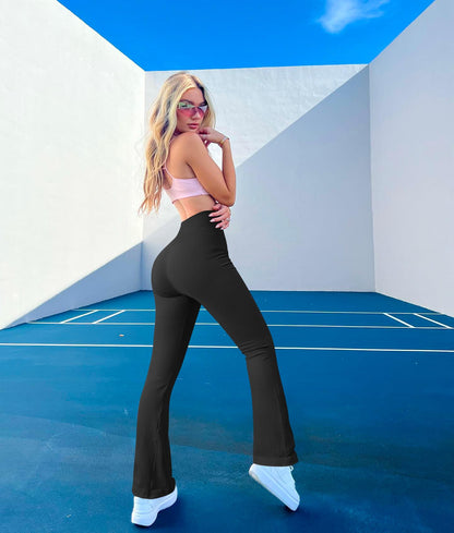 OQQ Women's 2 Piece Yoga Pants Ribbed Seamless Workout High Waist Bell Bottoms Flare Leggings Black Beige