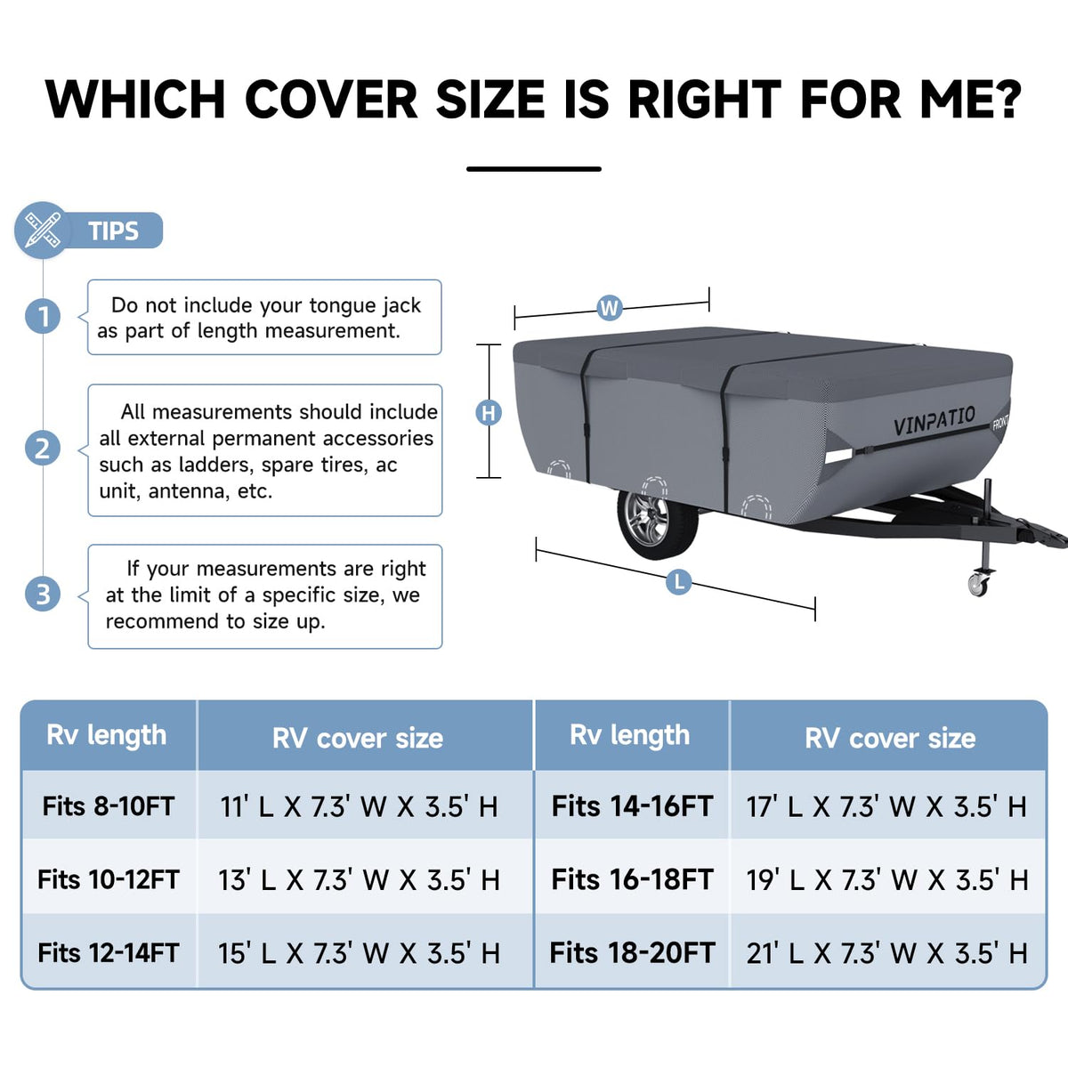 VINPATIO Pop Up Camper Cover, Folding Camper Tent Trailer Cover Fits 12'-14' Trailers, Waterproof & Anti-UV Pop-up Camper Cover with Windproof Straps