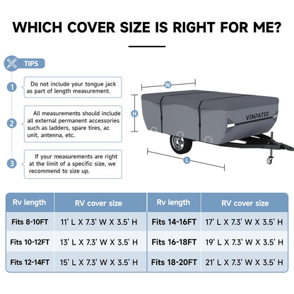VINPATIO Pop Up Camper Cover, Folding Camper Tent Trailer Cover Fits 12'-14' Trailers, Waterproof & Anti-UV Pop-up Camper Cover with Windproof Straps