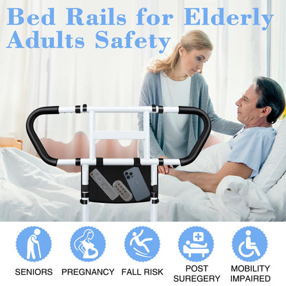 easymake Bed Rails for Elderly Adults Safety: Adjustable Bedside Assist Rails with Storage Pockets, Non-Slip Handles, Motion Sensor Light, Items for Elderly Bed Rail, 400LB Gravity Capacity