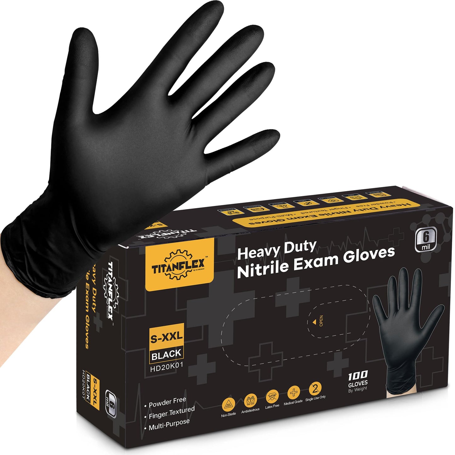 TitanFlex Disposable Nitrile Exam Gloves - 6-mil, Black, Large 100-ct Box, Heavy Duty, Latex Free, Food Safe for Cooking & Food Prep