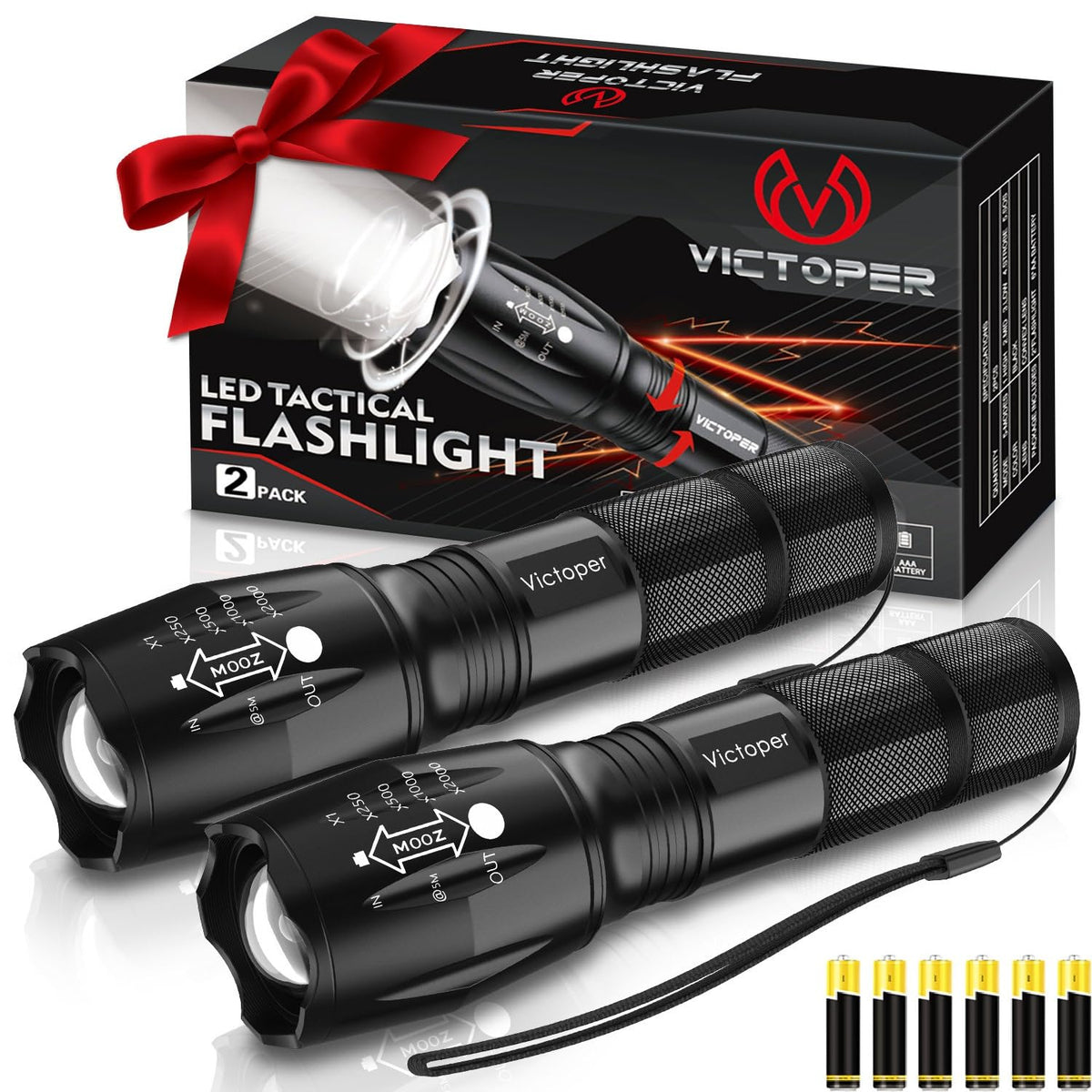 Victoper LED Flashlight 2 Pack, Bright 3500 Lumens Tactical Torch High Lumens with 5 Modes, Waterproof Zoomable Flash Light for Outdoor, Gifts for Camping Essentials Gear