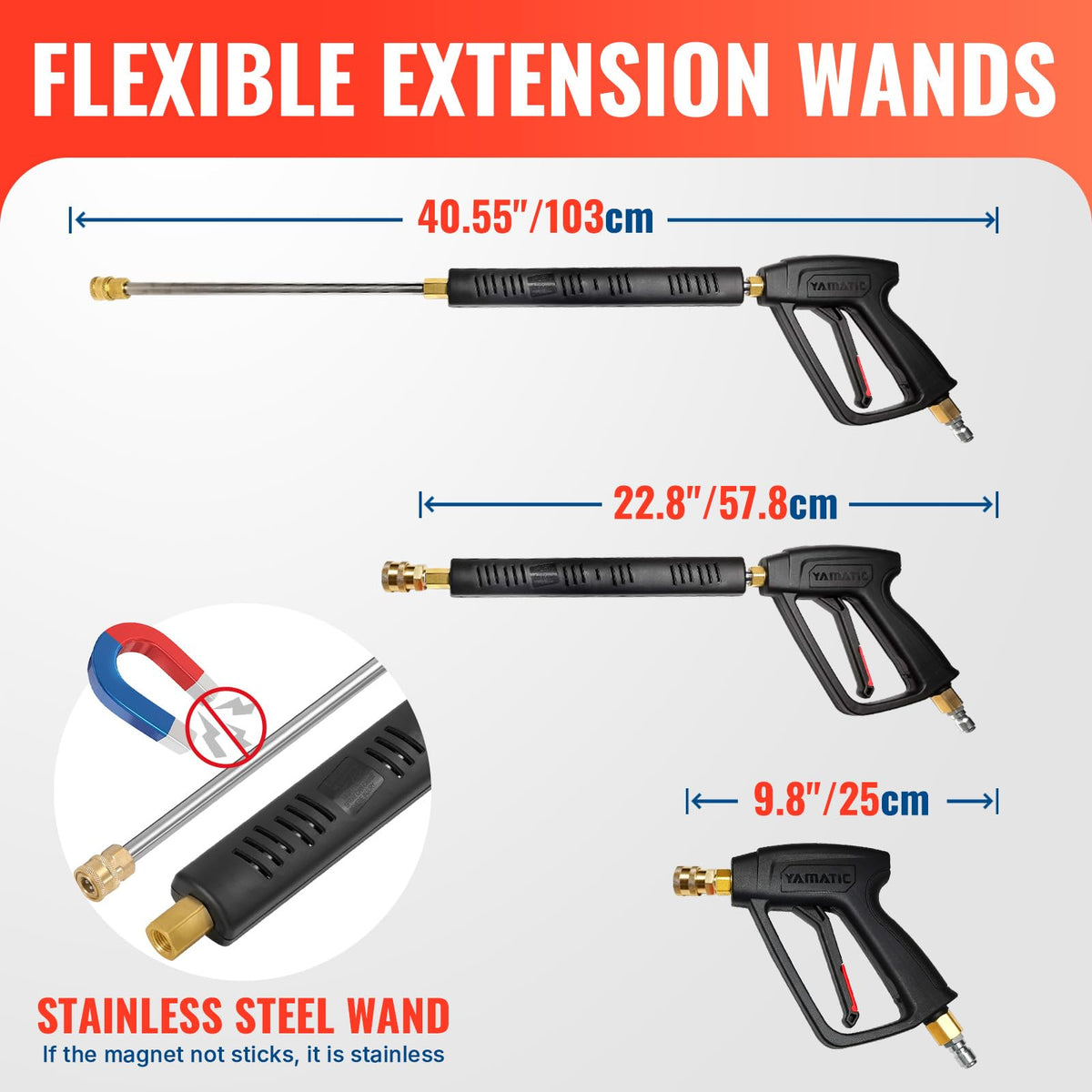 YAMATIC Pressure Washer Gun and Hose, 50 FT Flexible Hose with Stainless Steel Extension Power Washer Wand, 3/8" Swivel Quick Connect & M22-14mm Adapter Replacement for Ryobi Simpson Honda (Grey)