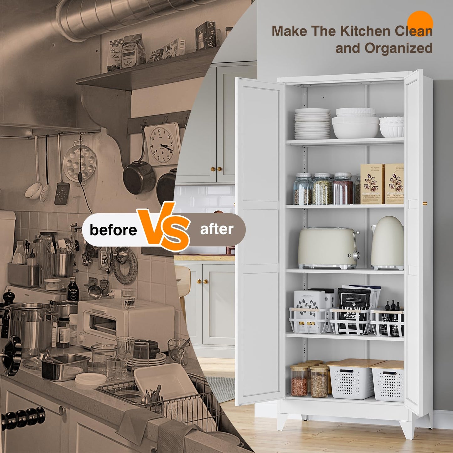 Yizosh Metal Pantry Cabinet, 75" Kitchen Pantry with 2 Door and 4 Adjustable Shelves,White Metal Pantry Storage Cabinet,Cupboard for Kitchen,Dining Room,Living Room and Bathroom