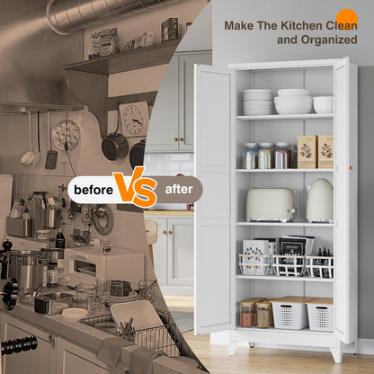 Yizosh Metal Pantry Cabinet, 75" Kitchen Pantry with 2 Door and 4 Adjustable Shelves,White Metal Pantry Storage Cabinet,Cupboard for Kitchen,Dining Room,Living Room and Bathroom