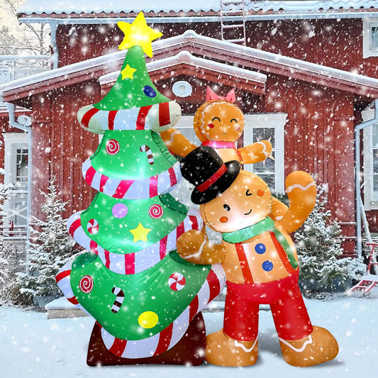 7FT Christmas Inflatables Outdoor Decorations, Blow Up Yard Decoration(Gingerbread Man & Christmas Tree)