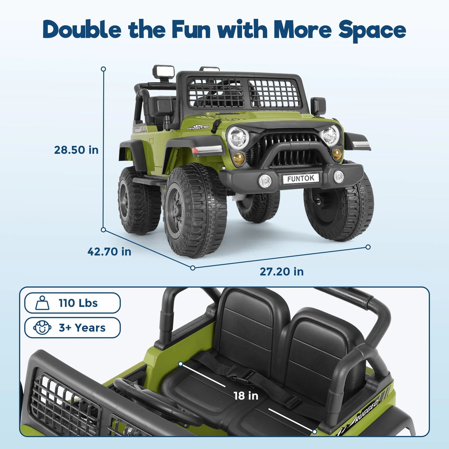 FUNTOK 12V 7AH 2 Seater Electric Ride on Truck, Kids Battery Powered Ride Toy, Motorized Car for Toddlers w/ Remote Control, Bluetooth, Spring Suspension, MP3 Player & LED Lights,Green