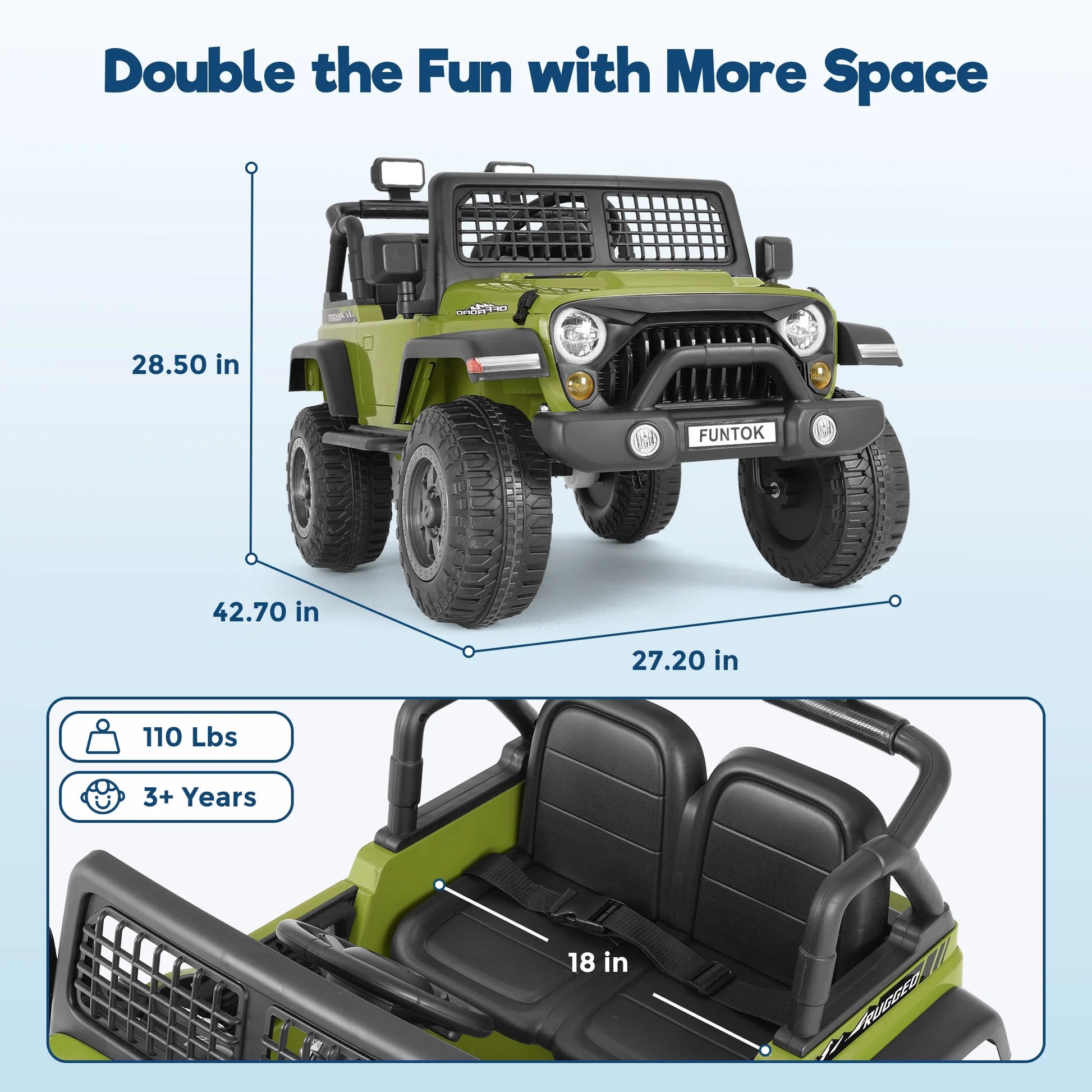 FUNTOK 12V 7AH 2 Seater Electric Ride on Truck, Kids Battery Powered Ride Toy, Motorized Car for Toddlers w/ Remote Control, Bluetooth, Spring Suspension, MP3 Player & LED Lights,Green