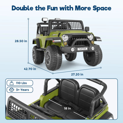 FUNTOK 12V 7AH 2 Seater Electric Ride on Truck, Kids Battery Powered Ride Toy, Motorized Car for Toddlers w/ Remote Control, Bluetooth, Spring Suspension, MP3 Player & LED Lights,Green