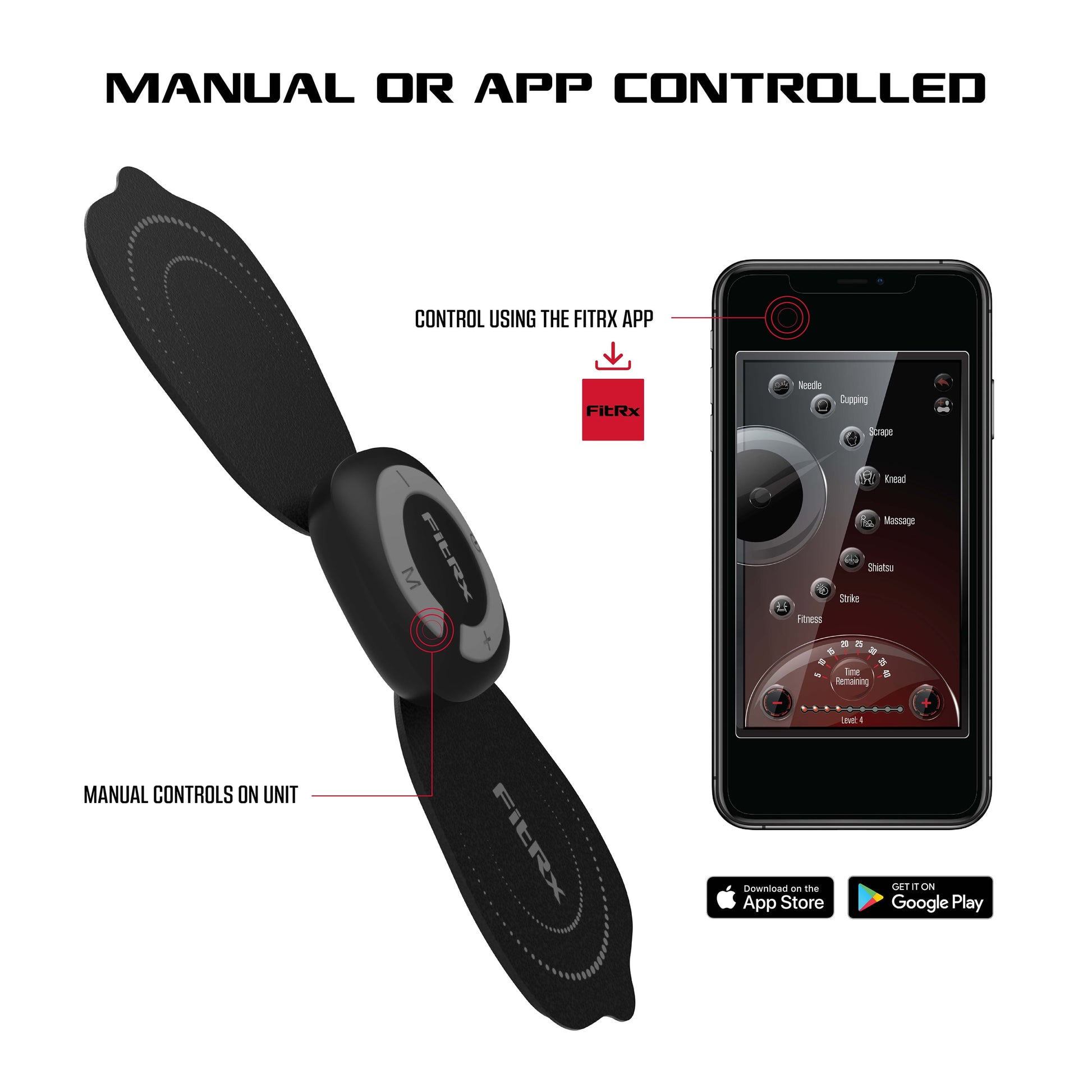 FitRx Electrode Wireless Massager - Rechargeable TENS Unit Muscle Stimulator with App Control