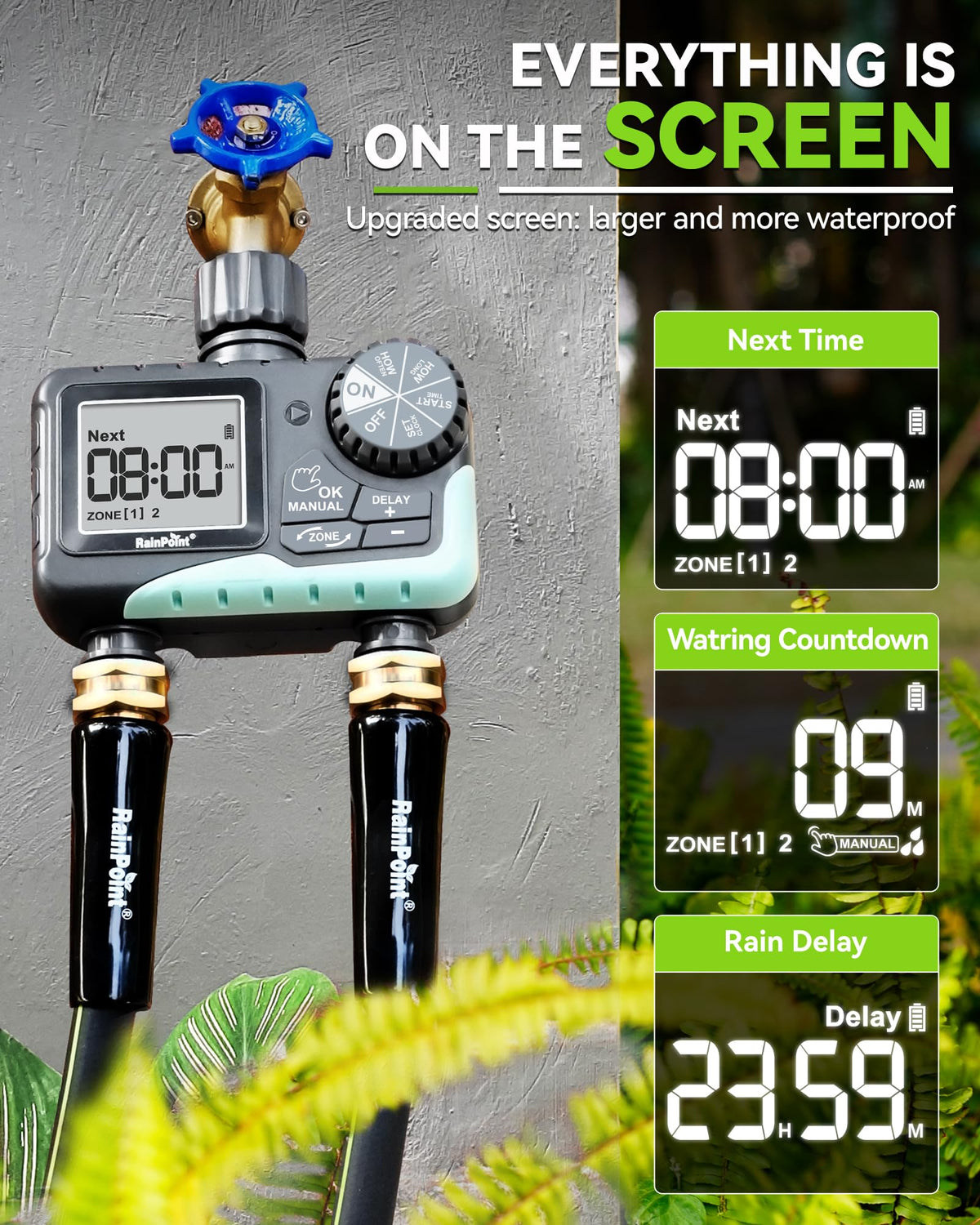 RAINPOINT 2 Zone Water Timer for Garden Hose - Sprinkler With Rain Delay, Manual Watering, Automatic Irrigation Controller System - Programmable Faucet Timer for Yard Lawn