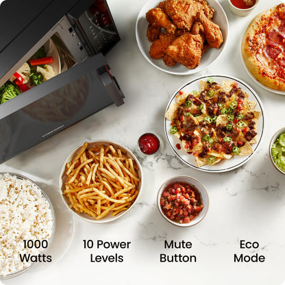Chefman Countertop Microwave Oven 1.1 Cu. Ft., 1000 Watts with 10 Power Levels, 6 Cooking Presets with One-Touch Express Cook, Eco Mode, Child Safety Lock, & Mute Button - Black