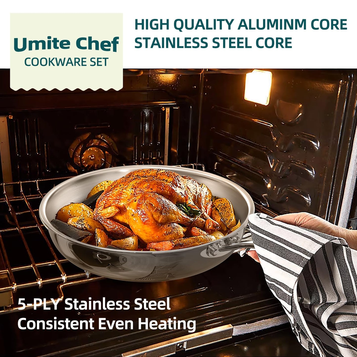 Umite Chef Stainless Steel Cookware Set, 5 Ply 14 Piece Stainless Steel Pot and Pan Set-Induction, Heavy Chef Quality, Oven Safe | Professional Kitchen Cooking Appliances, PFOA, PTFE & PFOS Free