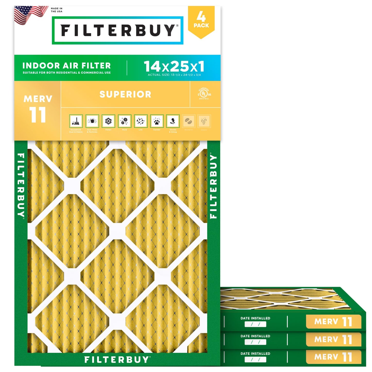Filterbuy 14x25x1 Air Filter MERV 11 (MPR 1200) Allergen Defense Replacement (4-Pack), Electrostatic Pleated HVAC AC Furnace Filters, Made in USA (Actual Size: 13.50 x 24.50 x 0.75)