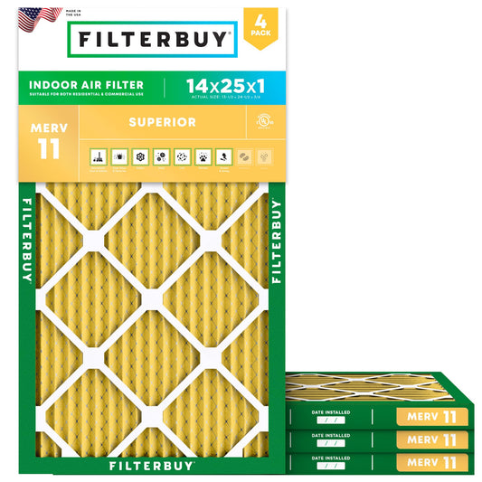 Filterbuy 14x25x1 Air Filter MERV 11 (MPR 1200) Allergen Defense Replacement (4-Pack), Electrostatic Pleated HVAC AC Furnace Filters, Made in USA (Actual Size: 13.50 x 24.50 x 0.75)