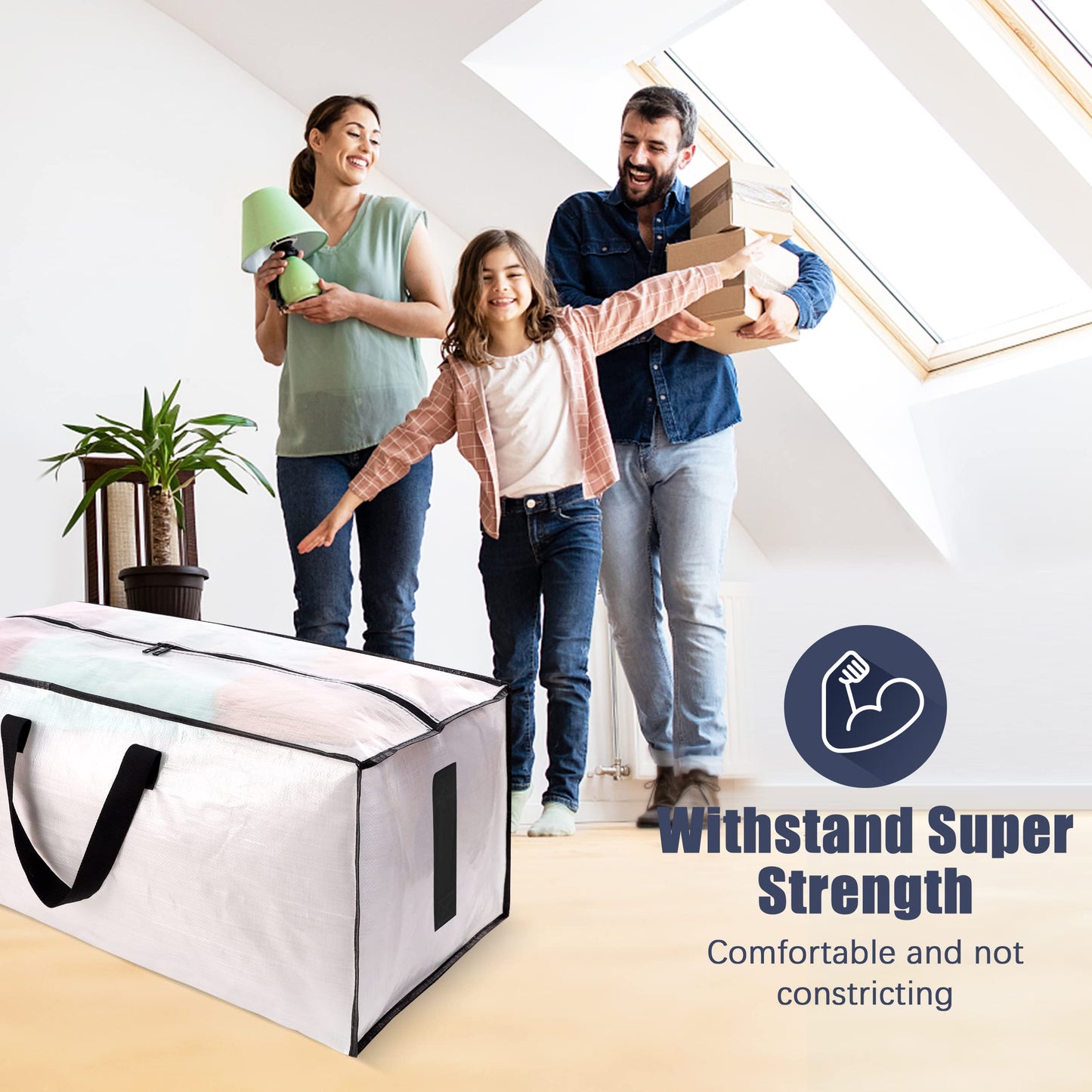 HOMESURE 12 Pack Large Strong Moving Bags with Zippers & Carrying Handles - Water-Resistant - Heavy Duty Storage Tote for Space Saving, Fold Flat, Alternative to Moving Box (Semi-Transparent)
