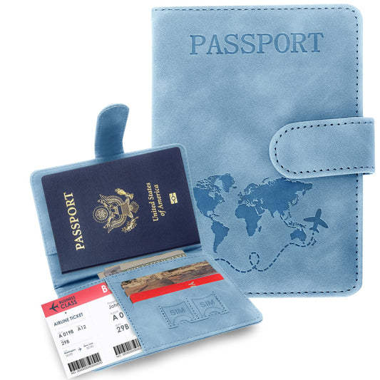 Sovirose Passport Holders, RFID Blocking Credit Card Holder, PU Leather Vaccine Card Holders for Travel with Magnetic Buckle, Travel Must Haves Cruise Ship Essentials for Men, Women (Blue)