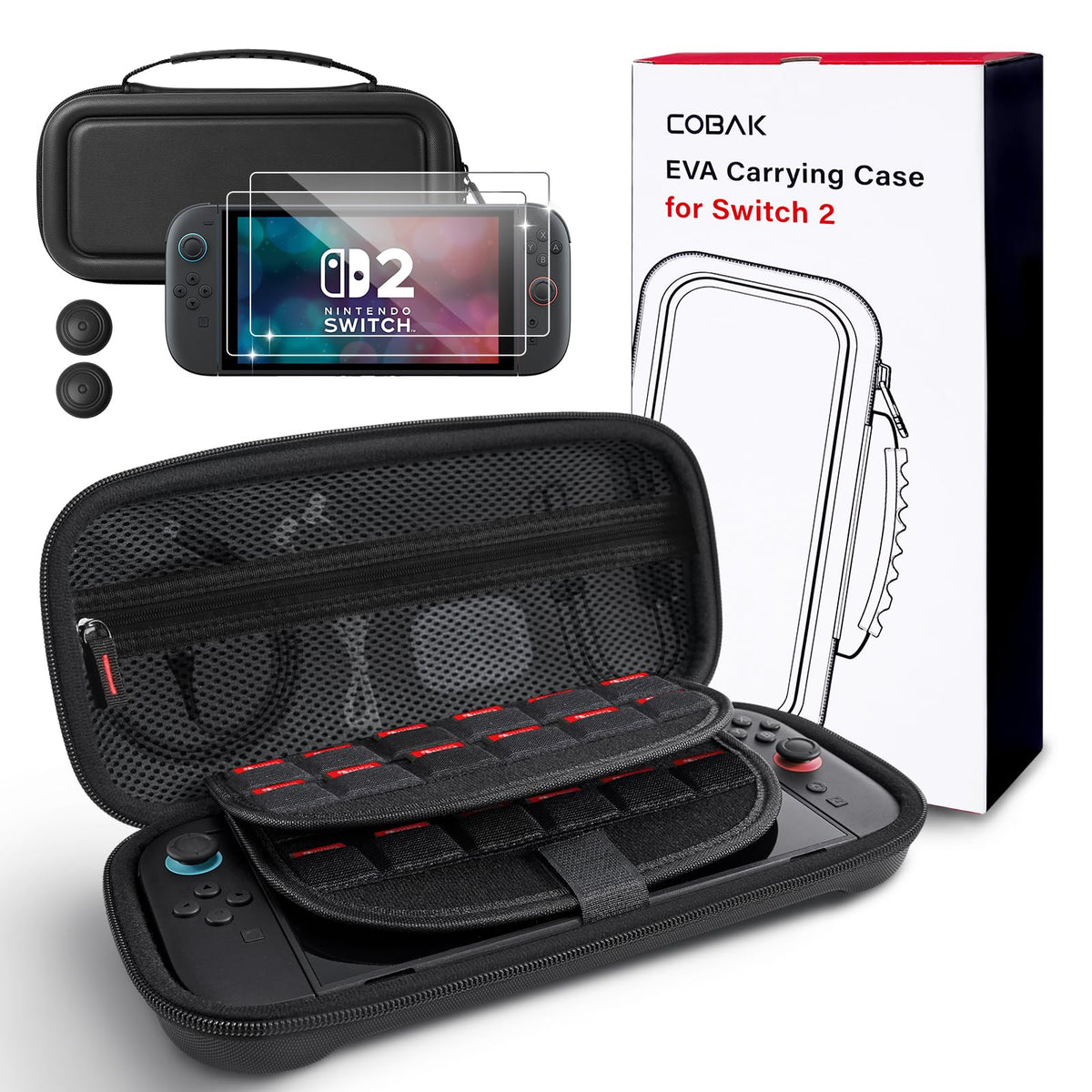 CoBak Large Capacity Carrying Case for Nintendo Switch 2 (2025) - 3 in 1 Accessories Bundle with 2 Screen Protectors, Thumb Grip Caps, 24 Game Cartridges, Hard Shell Portable Travel Pouch, Black