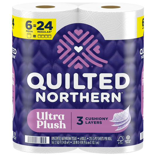 Quilted Northern Ultra Plush Toilet Paper, 6 Mega Rolls = 24 Regular Rolls, 3X Thicker*, 3 Ply Soft Toilet Tissue