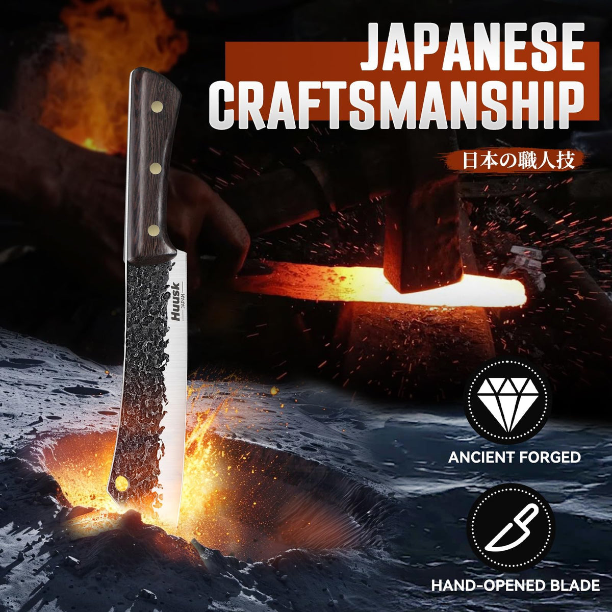 Huusk Butcher Knife 8 Inch, Hand Forged Meat Knife with Wood Full Tang Handle, Japanese Chef Knives with Box, Ideal Gift for Man and Women