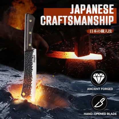 Huusk Butcher Knife 8 Inch, Hand Forged Meat Knife with Wood Full Tang Handle, Japanese Chef Knives with Box, Ideal Gift for Man and Women