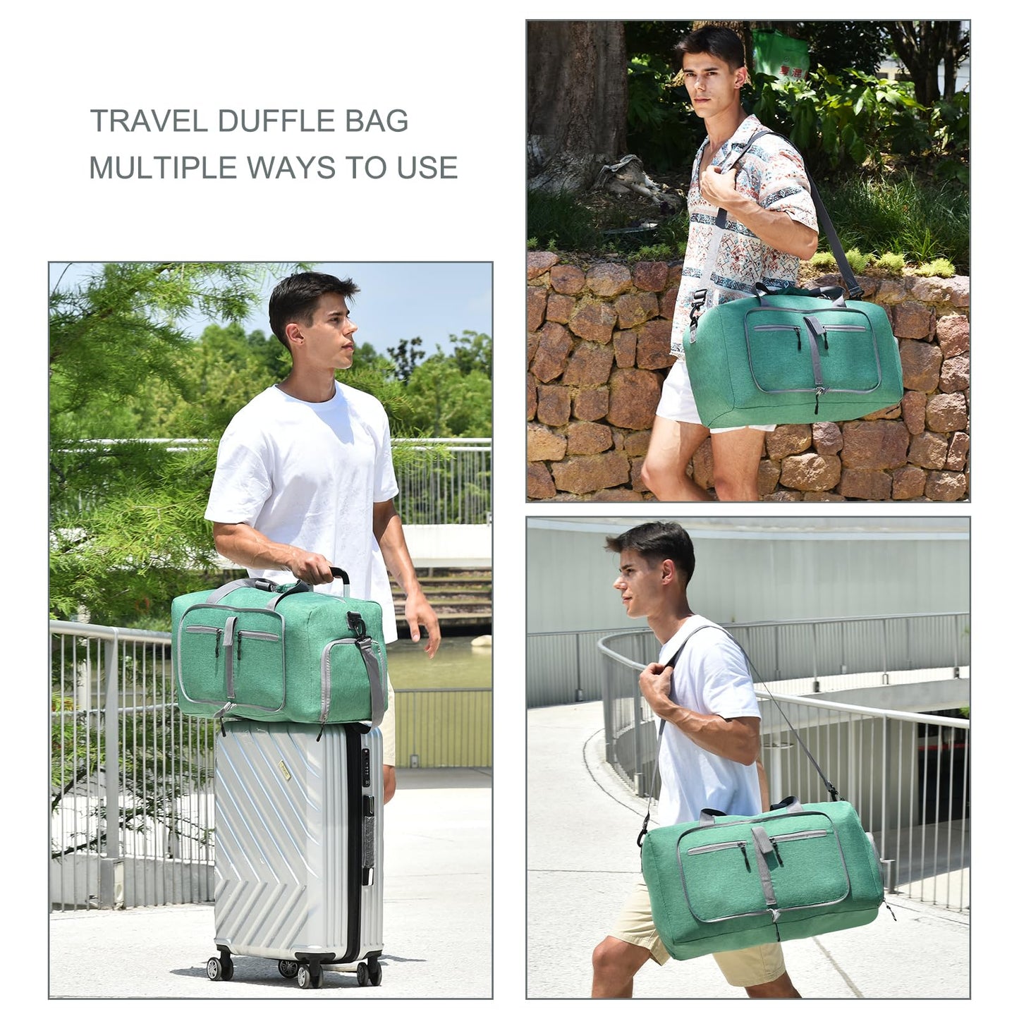 Dimayar 65L Travel Duffle Bag for Men Women - Foldable Duffel Bag with Shoes Compartment - Overnight Bags Waterproof & Tear Resistant(Forest Green)