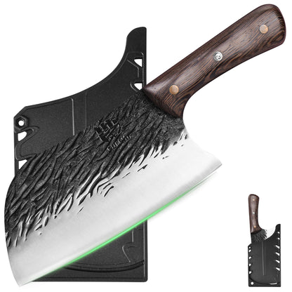 FULLHI Butcher Knife, Multi-color Wood Handle Full Tang Chef Knife with Sheath, High Carbon Steel Meat Slicing Kitchen Knife for Outdoor, Camping BBQ (Brown, Serbian Chef Knife)