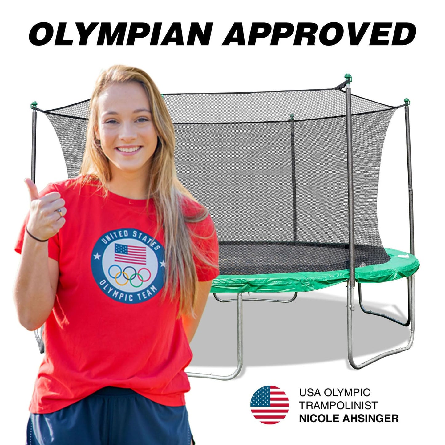 Sportspower Outdoor Kids Trampoline with Safety Enclosure Net and Foam Pad, 15FT Round - Green