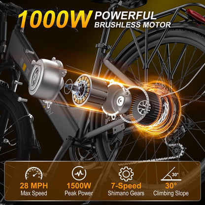 Movcan V80 Electric Bike, 1000W Motor 28MPH Ebike, 48V 13Ah Removeable Battery, 26'' City Cruiser Adult Electric Bicycles up to 70 Miles, 7-Speed Dual Disc Brake, Mountain E Bike for Commuting
